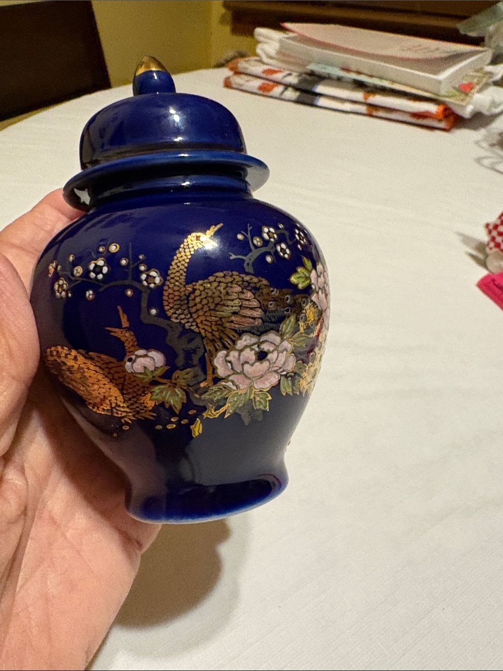 Cobalt Blue Porcelain Lidded Vase with Gold and Floral Motif